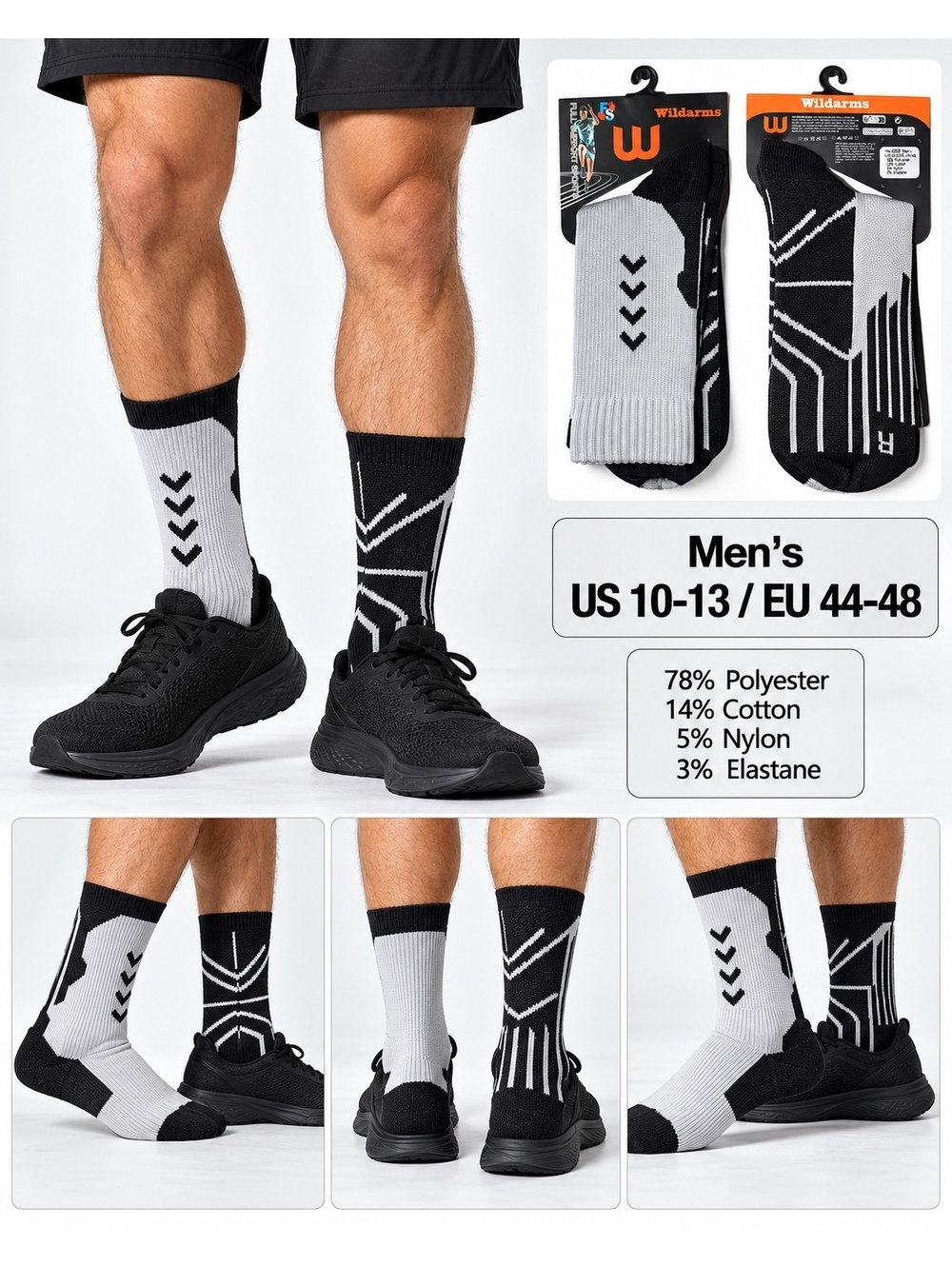 Wildarms Men's Cushioned Crew Socks 2 Pack Black White Size L